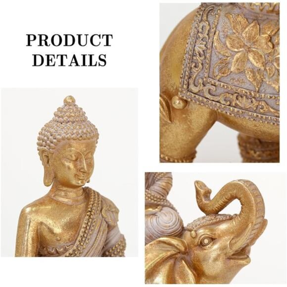 Gold Buddha Statue Elephant Meditation Decor Zen Home Feng Shui Spiritual Gift - Picture 7 of 8